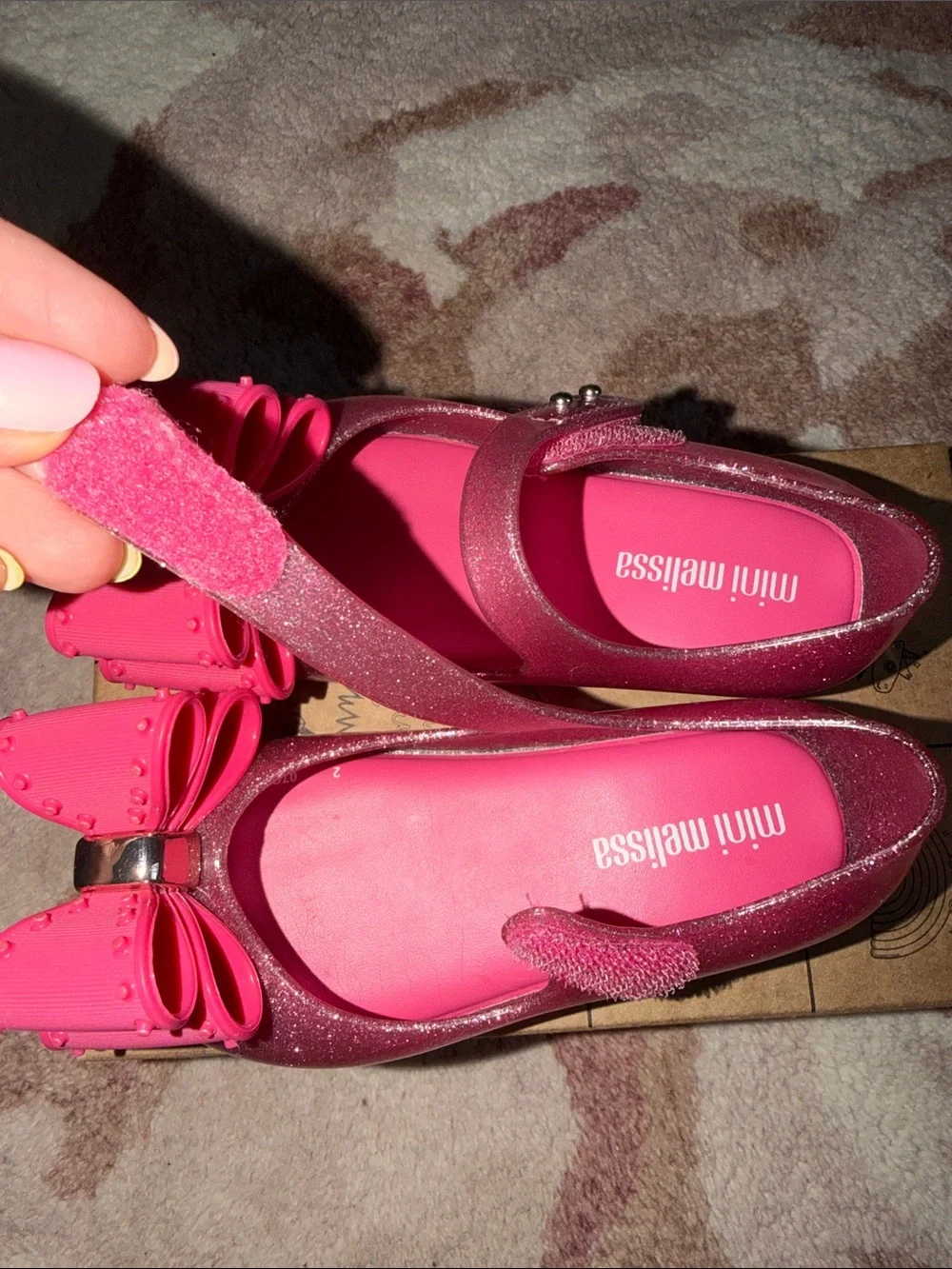 Mini Melissa Ultra Classic Bow Pink Glitter Mary Janes with Hot Pink Bow